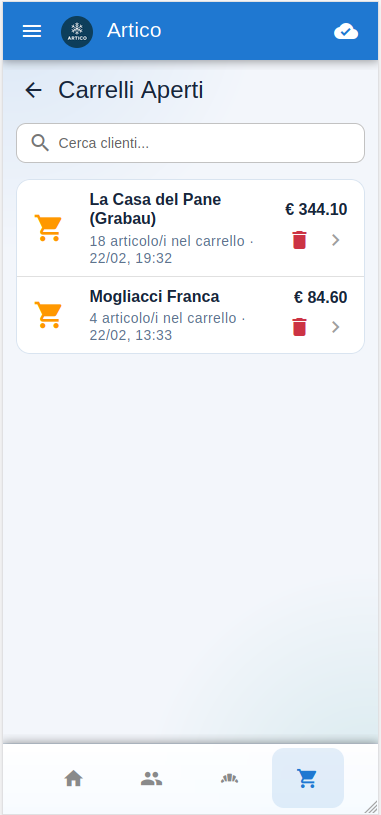 Schermata lista ordini Artico